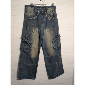 ROMWE Men’s Blue Cargo Jeans Size 30 Y2K Cyber Grunge Distressed Wide Leg Denim